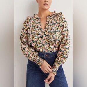 Boden - Colorful Floral Notch Neck Frill Long Sleeve V Neck  Blouse Size 4
